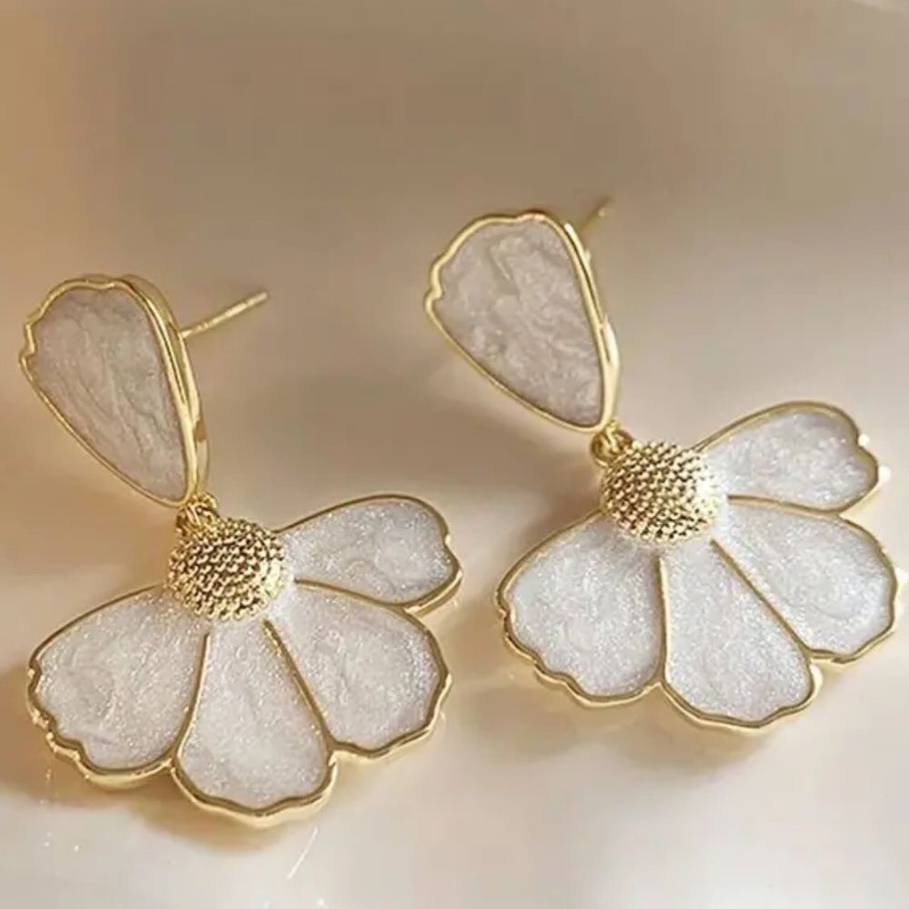 Anthropologie Gold and Cream Floral Earrings